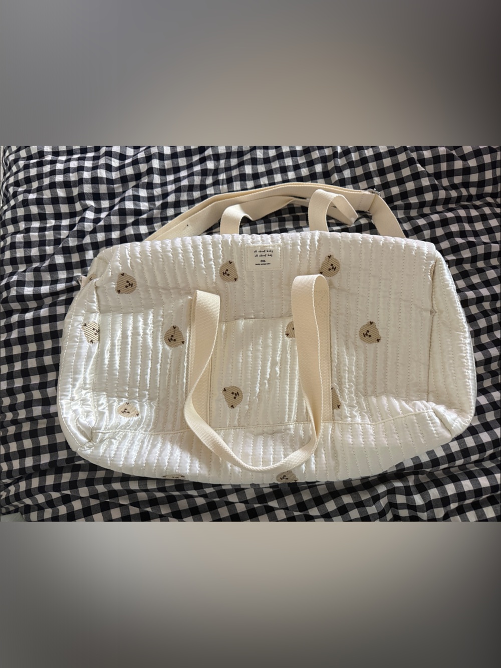 Cream Quilted Tote Bag with Bear Motif